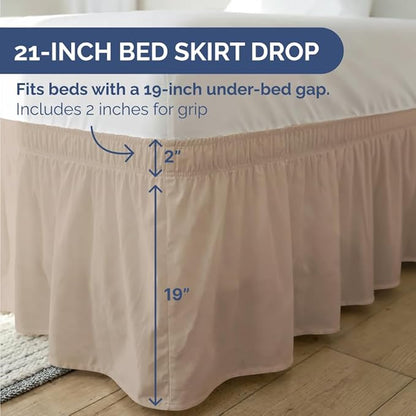 Wrap Around Dust Ruffle Bed Skirt - Cream - for King Size Beds with 21 Inch Drop - Easy Fit Elastic Strap - Adjustable Pleated Bedskirt w/Brushed Fabric - Wrinkle Free - for Women, Men, Kids & Teens