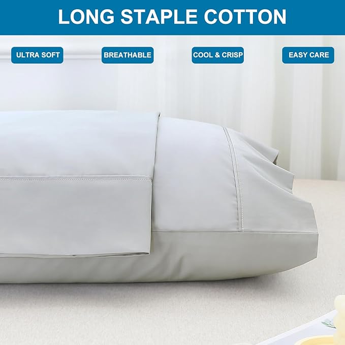 WINLIFE Cotton Pillow Cases Queen Size Set of 2, Solid Pillowcases 20x26 Inches, Soft Breathable Long Staple Cotton Pillowcases with Envelope Closure, Light Grey