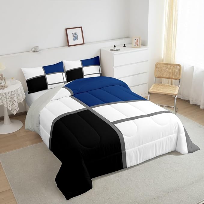 Erosebridal Geometric Abstract Twin Bedding Sets for Adult Women Men Blue and White Striped Comforter Set Square Grid Quilt Duvet Set Modern Art Patchwork Bedding Collections for Minimalist