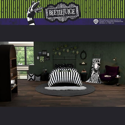 Franco Collectibles Beetlejuice Halloween Striped Bedding 5 Piece Super Soft Reversible Comforter and Sheet Set, Queen, (Officially Licensed Product)