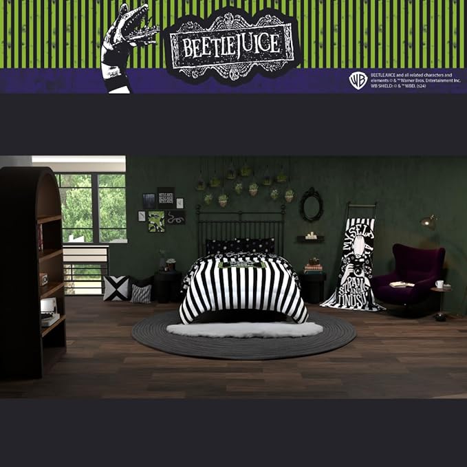 Franco Collectibles Beetlejuice Halloween Striped Bedding 5 Piece Super Soft Reversible Comforter and Sheet Set, Full, (Officially Licensed Product)