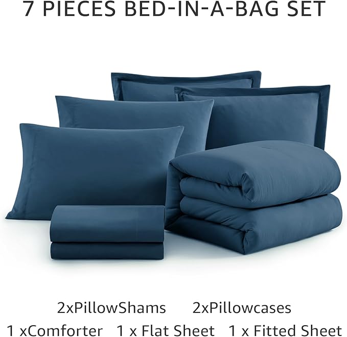 WRENSONGE Full Size Comforter Sets, 7 Pieces Serenity Blue Bed in a Bag with Fitted Sheet, Flat Sheet, 2 Pillow Shams, 2 Pillowcases, Warm Bedding Sets for All Season