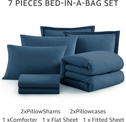WRENSONGE King Size Comforter Sets- 7 Pieces Soft Serenity Blue Bed in a Bag King with Fitted Sheet, Flat Sheet, 2 Pillow Shams, and 2 Pillowcases-Warm King Bedding Set for All Season