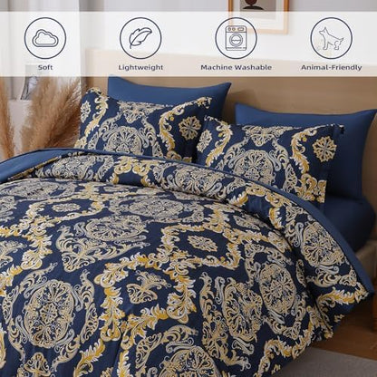 WONGS BEDDING Blue Gold Comforter Set King Size, Damask Texture 7 Pieces Bed in a Bag Microfiber Comforter Bedding Sets -1 Comforter, 1 Flat Sheet, 1 Fitted Sheet, 2 Pillow Shams, 2 Pillowcases