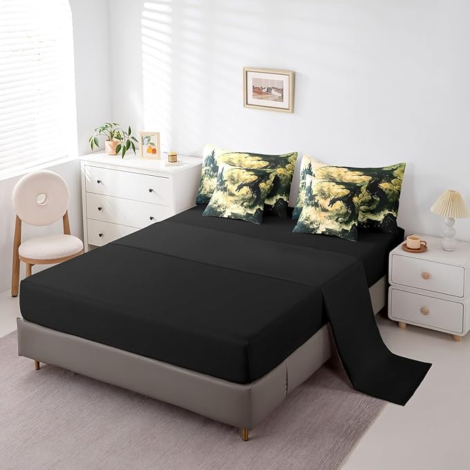 Erosebridal Gothic Dragon Bed in a Bag King Size Comforter Set 7 Pieces,Vintage Black Fantasy Castle Bedding Sets Prehistoric Antique Animal Sheet Set with Comforter