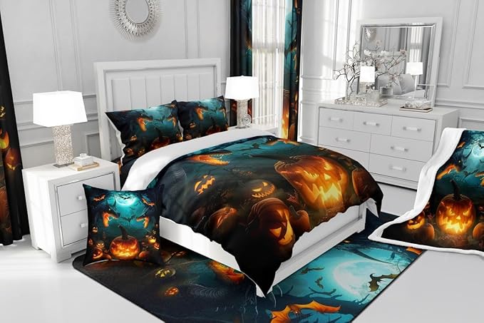 Dragon Pumpkin Comforter Set Queen Size,Bat Moon Tree Branch Horror Bedding Set for Kids Boys Girls Room Decor,Happy Halloween Duvet Insert 3Pcs,Retro Wild Animal Moonlight Quilt Set,2 Pillowcases
