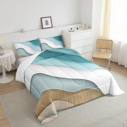 Abstract Ombre Comforter Set Ocean Waves Bedding Set Decor Blue Sea and Beach Quilt Set Tropical Summer Contemporary Duvet Insert Teens Kids Adults Room Decor 3pcs Full Size