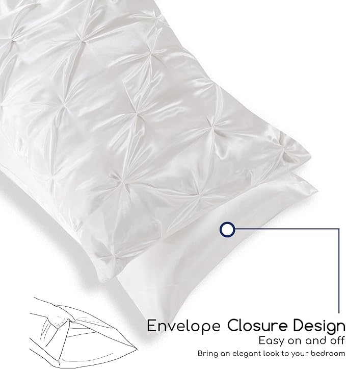 MR&HM Satin Comforter Queen 7 Pieces - Luxurious Pinch Pleat Bedding Set with Comforter, Flat Sheet, Fitted Sheet, Pillowcases & Shams, Super Silky Soft Bed Set for All Season (Queen, Ivory)