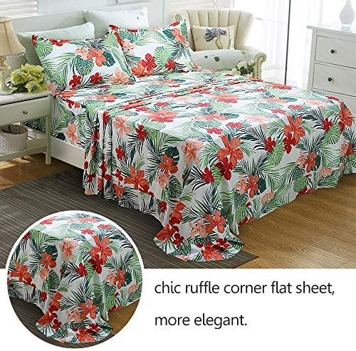 FADFAY Hawaiian Bedding Sheet Set Tropical Red Hibiscus Palm Leaves 100% Cotton Hypoallergenic Deep Pocket Fitted Sheet 4-Pieces Full Size