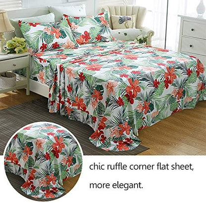 FADFAY Hawaiian Bedding Sheet Set Tropical Red Hibiscus Palm Leaves 100% Cotton Hypoallergenic Deep Pocket Fitted Sheet 4-Pieces Full Size