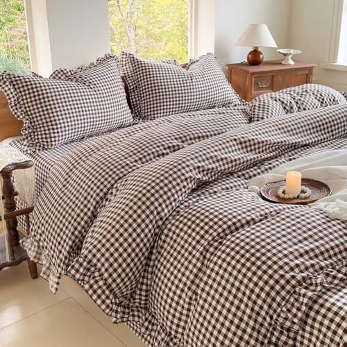 NSNLGSGC Mocha Gingham Ruffle Queen Duvet Cover
