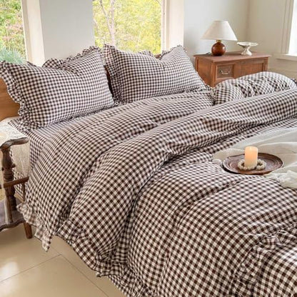 NSNLGSGC Mocha Gingham Ruffle King Duvet Cover