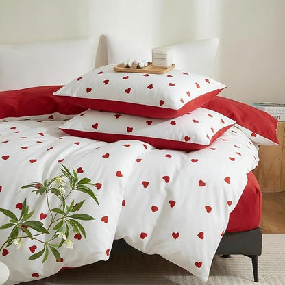 Heart Comforter Set Queen 3 Pieces Romantic Girls Cute Bedding Set, Red Love Heart Pattern, Modern Aesthetic Comforter with 2 Pillowcases 100% Microfibre White