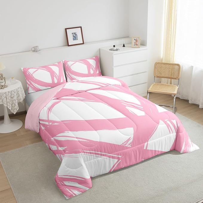 Erosebridal Pink and White Abstarct Queen Comforter Set for Adult Women Men, Geometric Striped Bedding Set for Minimalists,Graffiti Aesthetic Lines Quilt,Contemporary Boho Modern Art Duvet Insert