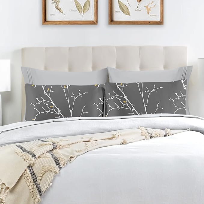 YIYEA King Size Pillow Cases Set of 4, Ultra Soft 1800TC Hotel Quality Double Brushed Microfiber Embroidered Pillowcases and Floral Pillow Covers, Envelope Closure, Fade Resistant (20"x36")