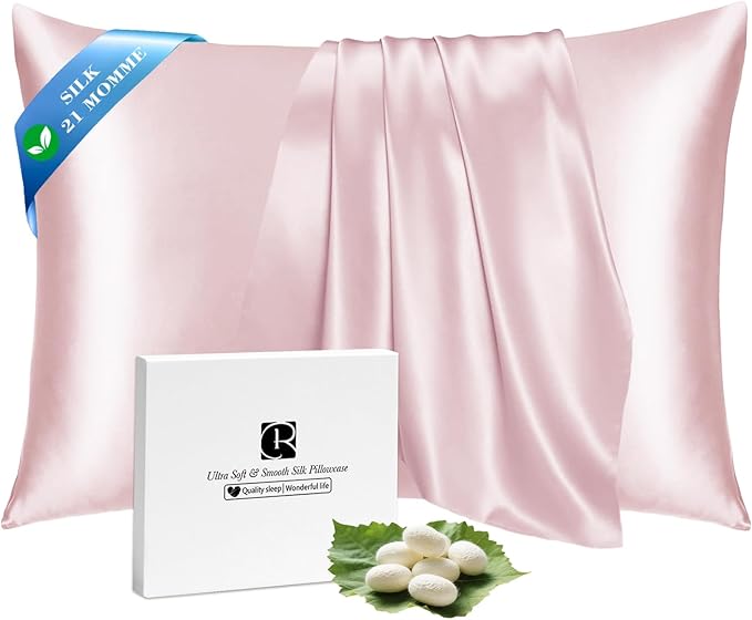Ravmix 100% Silk Pillow Cases with Zipper, 21momme Mulberry Silk Pillowcase for Hair Skin Health, Soft Smooth Breathable Cool Pillow Cover for Beauty Sleep with Gift Box 1PC(Queen 20"x30", Soft Pink)