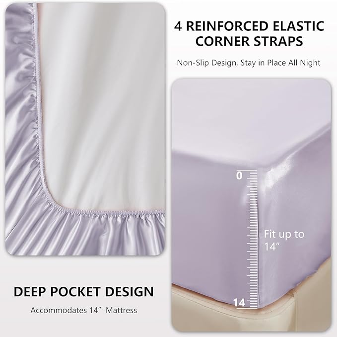 CozyLux Satin Sheets King Size Sheet Set - 4 Piece Silky King Sheets, Luxury Taro Purple King Bed Set with Smooth and Soft Microfiber, Includes 1 Fitted Sheet, 1 Flat Sheet and 2 Pillowcases