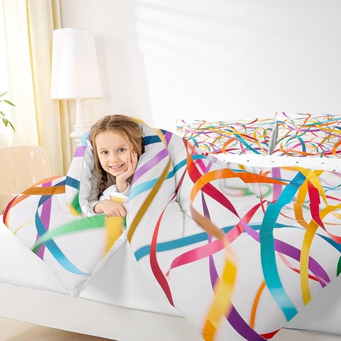 Erosebridal Bedding Set King Size Rainbow Stripe Comforter Set for Kids Girls Boys Aesthetic White Teal Blue Comforter Warm Soft Quilt Insert