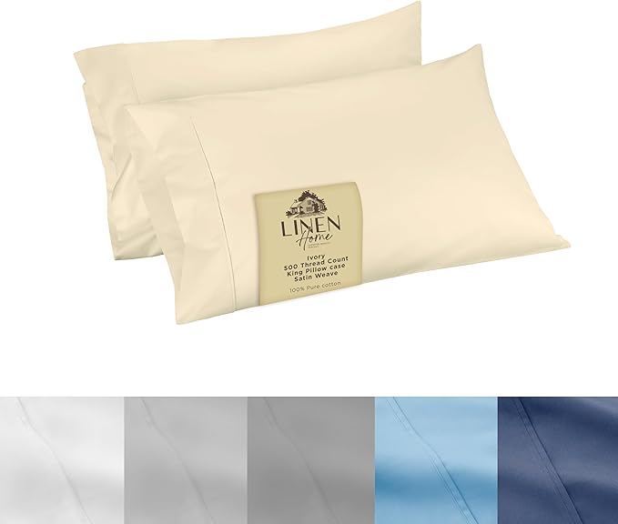Linen Home 500 Thread Count King Pillowcase Set | 100% Long-Staple Cotton Pillow Cases | Soft & Smooth Luxury Satin Set of 2 Pillowcases | 4 Inch Z Hem | Ivory