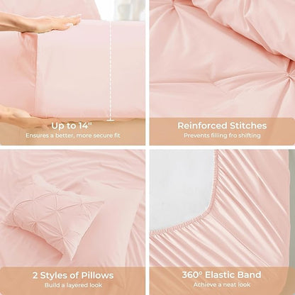 Sasttie Twin Comforter Set, 5-Piece Bed in a Bag, Pintuck Bedding Sets for All Season, Includes Comforter, Flat Sheet, Fitted Sheet, Pillowcase and Pillowsham, Blush Pink