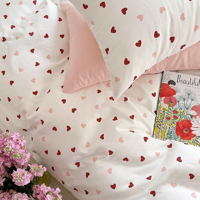 Girls Comforter Set Full Size - 3 Pieces Red Pink Heart Comforter Bedding Sets for Kids,Full Bed in a Bag with Heart Comforter and 2 Pillowcases