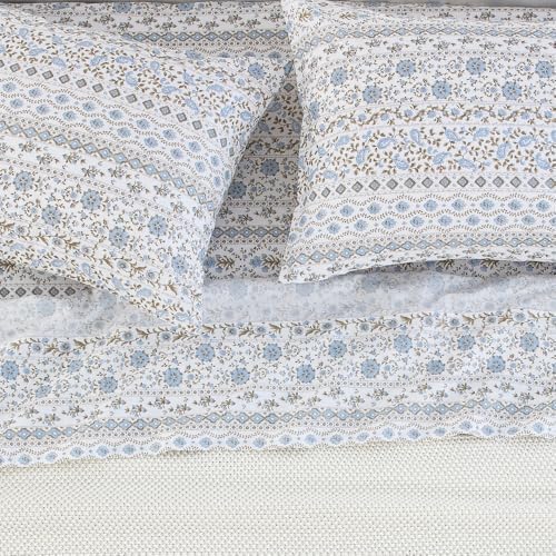 DAUAOTO Queen Size Printed Sheets Set, 100% Cotton Bedding Sets, Up to 14" Deep Mattress, Vintage Cottagecore Pattern Bedlinen Set, Flower Blue