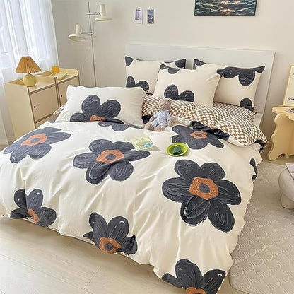 CLOTHKNOW Black Sunflower California King Comforter Set 3Pcs Floral Bedding Comforter Sets Brown Grid Comforter Boho Comforter Sets Cal King