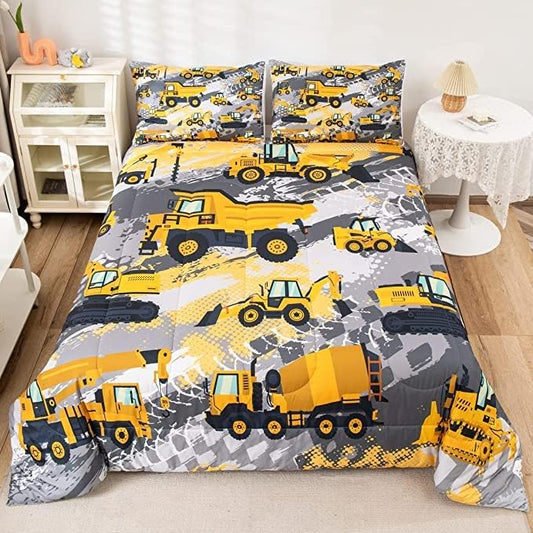 Feelyou Boys Cartoon Car Bedding Set Kids Construction Vehicles Comforter for Kids Children Cartoon Machinery Truck Comforter Set Construction Site Cars Duvet Set King Size 3Pcs, Multi 53