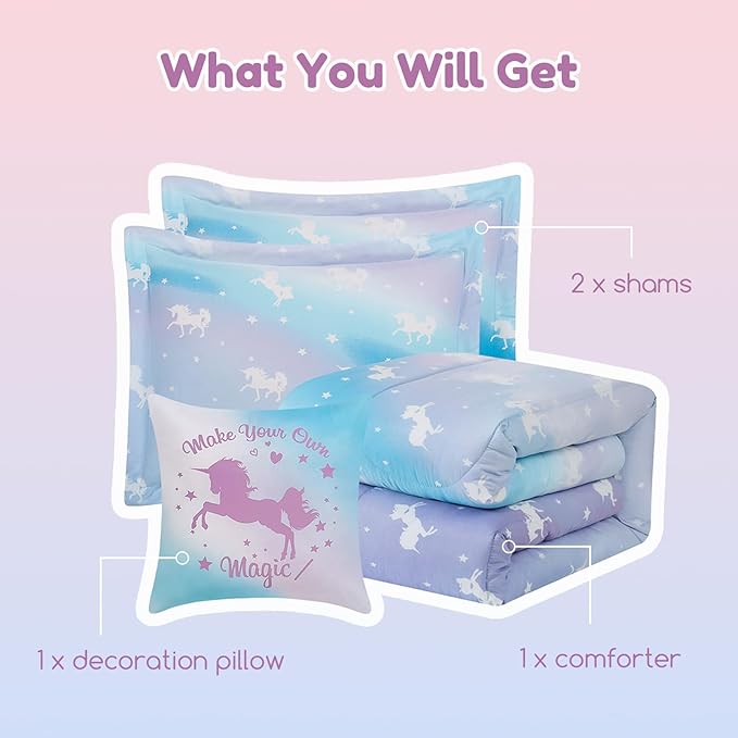 Full Size Comforter Set for Girls-4 Pieces Unicorn Glow in the Dark Full Bedding Sets for Kids, 1 Comforter, 2 Shams and 1 Decor Pillow