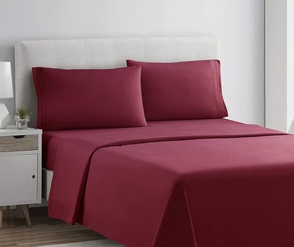 Clara Clark 1800 Premier Series 4pc Bed Sheet Set - King, Burgundy Red