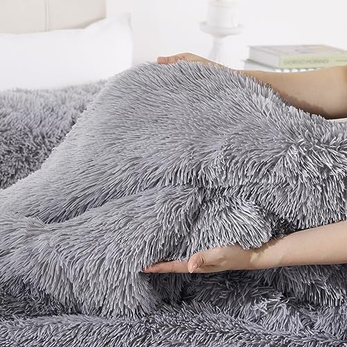 Smoofy Fluffy Full Size Comforter Set, Grey Faux Fur Comforter Set 3 Pieces