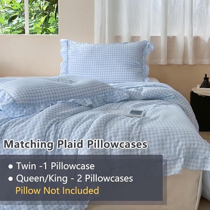 NSNLGSGC Light Blue Ruffle Gingham Comforter Set King, Pre-Washed Ruffled Plaid Checked Comforter Bedding, 3 Pieces Vintage Farmhouse Grid Bedding Set(Blue Gingham, King)