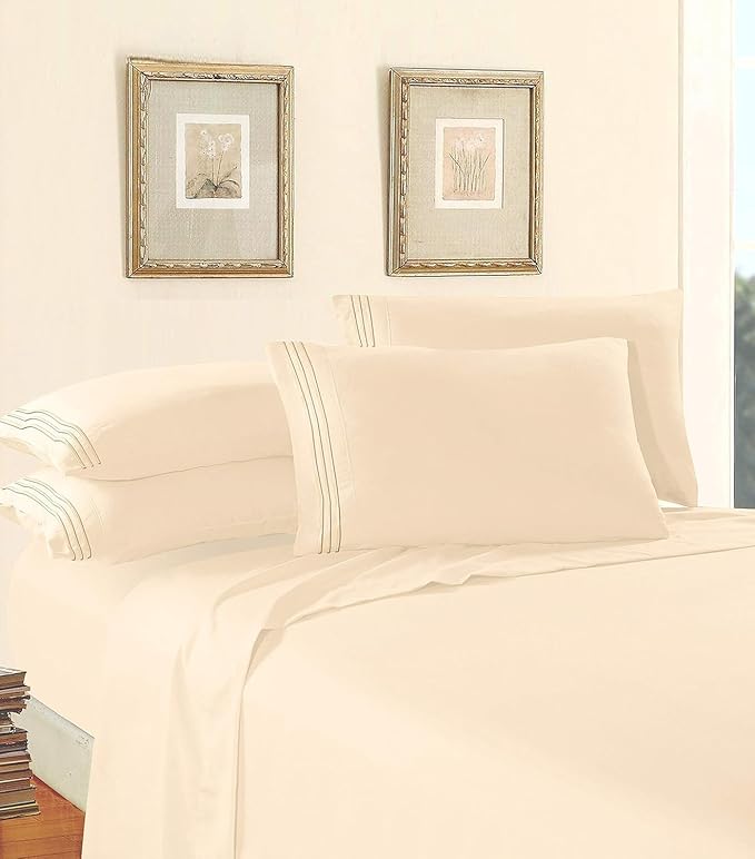 Elegant Comfort Luxury 1500 Premium Hotel Quality Microfiber 4-Piece Sheet Set - Wrinkle Resistant, All Around Elastic Fitted Sheet, Deep Pocket up to 16", RV Short Queen, Cream