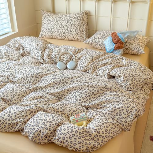 mixinni Muted Retro Leopard Print Duvet Cover Set King Size, 3PCS Cute Sexy Cheetah Bedding, 100% Cotton Double Gauze Soft Aesthetic Cream Vintage Bedding Set with 2 Pillowcases for Girls Women