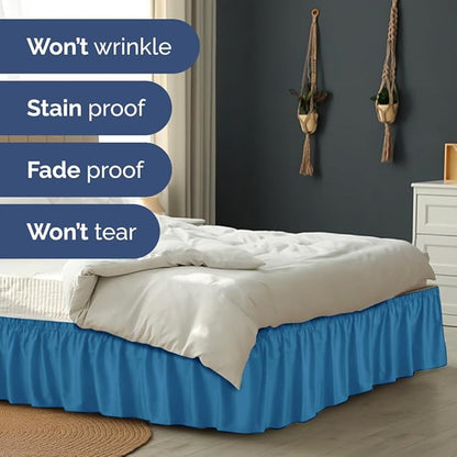 Wrap Around Dust Ruffle Bed Skirt - Denim Blue - for Full Size Beds with 12 Inch Drop - Elastic Strap - Adjustable Pleated Bedskirt with Brushed Fabric and Wrinkle Free - for Women, Men, Kids & Teens