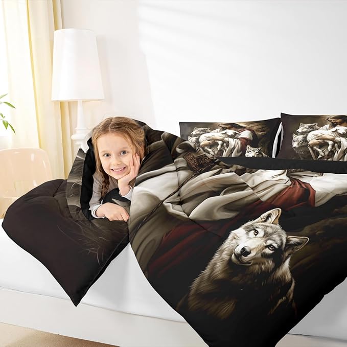 Castle Fairy Wildlife Animals Comforter/Duvet Set King Size,Sheep and Wolf Ultra Soft Bed Collection,Rustic Farmhouse Bedding for Room Decor 3 Pcs,Microfiber Breathable
