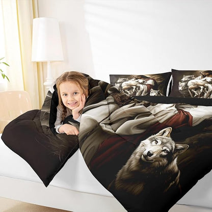 Castle Fairy Sheep and Wolf Kids Comforter Set,Wildlife Animals Bedding Set All Season,Rustic Farmhouse Comforter 2 Pcs with 1 Pillowcase,Toddler Size