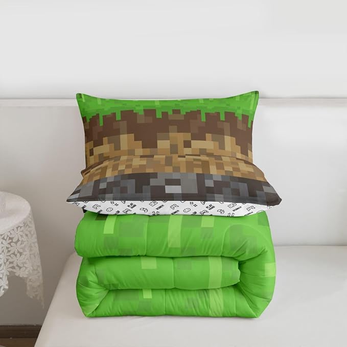 Miners Pixel Checked Kids Comforter Set Full Size,Video Games Check Lattice Bedding Set,Boys Room Decor,Game Cartoon Gamepad Quilt Comforter,Gray Green Brown Duvet Set Bedroom Quilt Set,2 Pillowcases