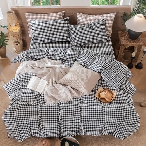 MooMee Gingham Duvet Cover Set 100% Washed Cotton Linen Like