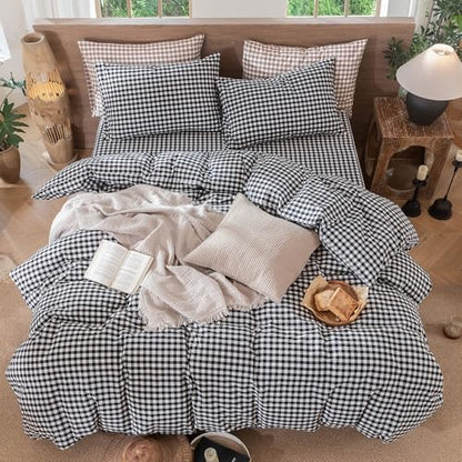 MooMee Gingham Duvet Cover Set 100% Washed Cotton Linen Like