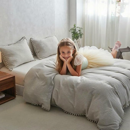 Simple&Opulence French Linen Blended Duvet Cover Queen, Flax Viscose Derived from Bamboo Bedding Set with Pom Pom Trim Soft Cooling for Hot Sleepers, 1 Boho Comforter Cover and 2 Pillow Shams, Linen
