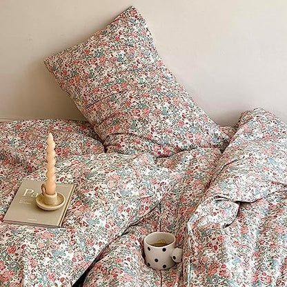 LIFETB Boho Floral Duvet Cover King Soft Cotton Aesthetic Bedding Sets French Style Pink Blue Flower Branches Chic Shabby Garden Comforter Botanical Size King(104/ inchsx90/ inchs)