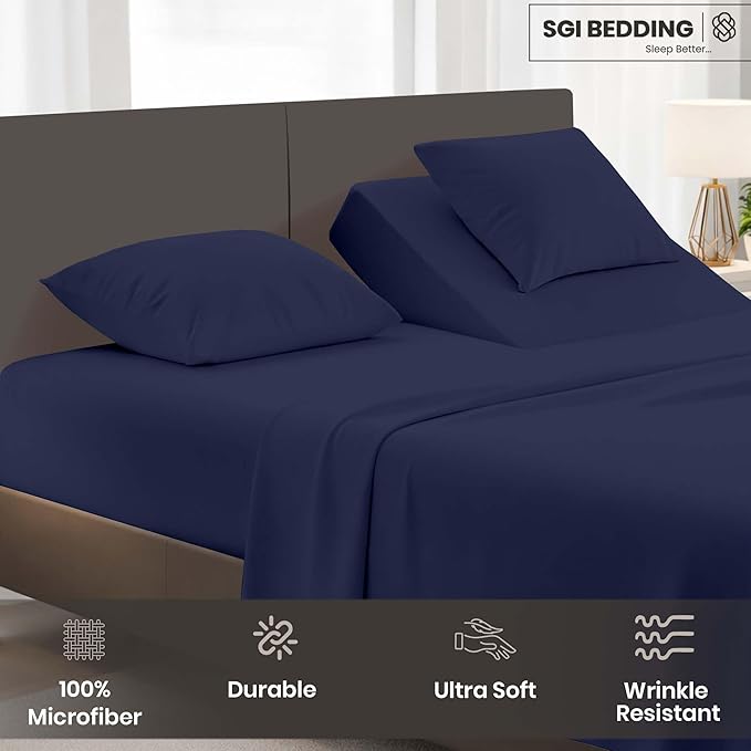 SGI bedding Adjustable Split Head Flex Top King 28" Microfiber Sheet Set – Ultra Soft, Cooling & Deep Pocket 15” Fitted, 4-Piece Breathable & Durable Bedding Set for Split King Beds -Navy Blue