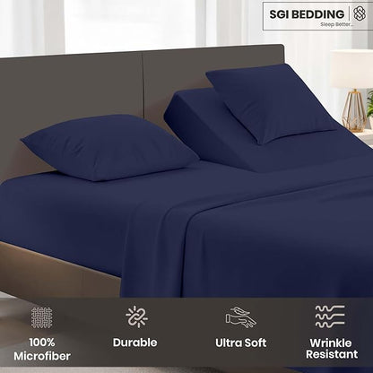 SGI bedding 36" King Split Top Flex Head Sheet Set 1800 Threads Flex Top Sheet for Adjustable Bed 4 Piece Sheet Set 15" Deep Pocket for Sleep Number Bed - Navy Blue