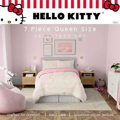 Lux Hello Kitty Velvet Bedding 7 Piece Super Soft Cozy Reversible Comforter and Sheet Set with Sham & Tote Bag, Queen, (Officially Licensed Product) by Franco