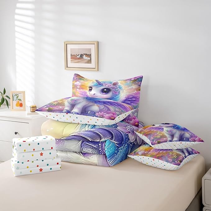 Feelyou Unicorn Comforter Set 7 Pieces Queen Size Floral Flower Bedding Set for Boys Girls Dreamy Horse Bed in a Bag with Comforter, Sheets, Pillowcases & Cushion Covers
