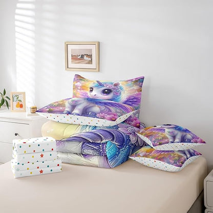 Feelyou Unicorn Comforter Set 7 Pieces King Size Floral Flower Bedding Set for Boys Girls Dreamy Horse Bed in a Bag with Comforter, Sheets, Pillowcases & Cushion Covers