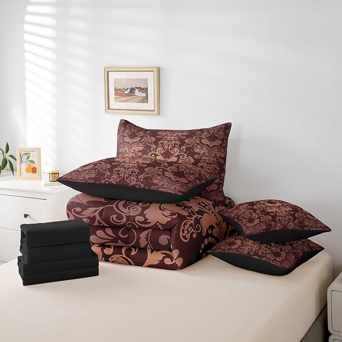 Erosebridal Gothic Damask Bed in a Bag King Size Comforter Set 7 Pieces,Halloween Bat Bedding Sets Brown Victorian Floral Goth Sheet Set with Comforter