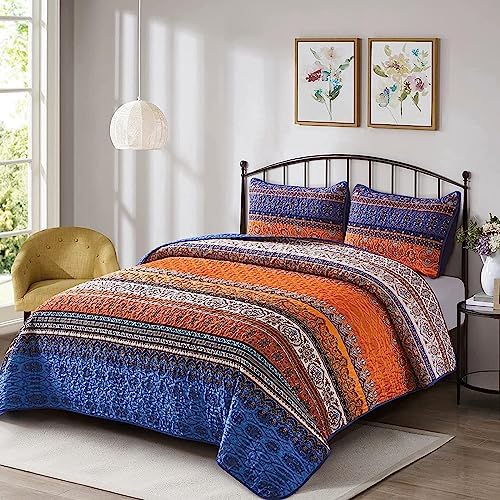 WONGS BEDDING Boho Full Quilt Bedding Set, 3 Pieces Bedspread, Blue Orange