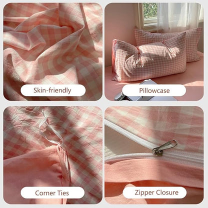 Nayoroom Gingham Duvet Cover Twin Size Reversible Pink Plaid Checkered Duvet Cover 2 Pieces Soft Breathable Washed Microfiber Girls Dorm Bedding Set for All Seasons